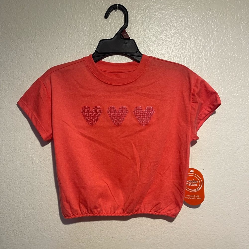 Red Crop Tee with Heart Sequin Detail
